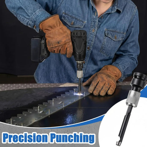 Ultimate Power Hole Punch Tool for Heavy Duty Belt Fastener With 1/2 Inch Drive in use on metal surface by worker.