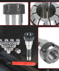 ER32 R8 Collet Chuck Holder With 11 Piece ER32 Collet Set And Wrench for Milling Machine displayed with close-up steel details