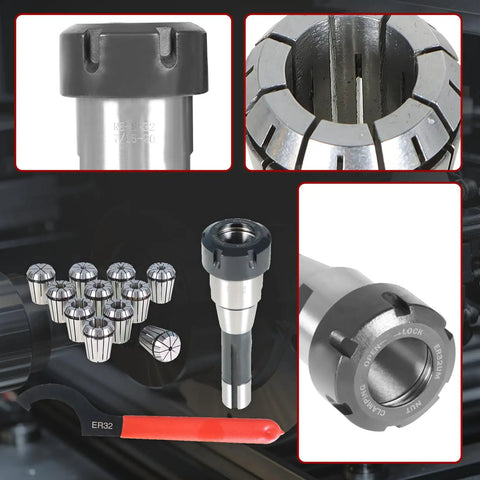 ER32 R8 Collet Chuck Holder With 11 Piece ER32 Collet Set And Wrench for Milling Machine displayed with close-up steel details