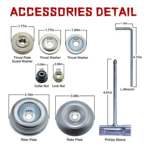 2 Pack 9 Inch 36 Teeth Carbide Tipped Weed Eater Blades With Universal Adapter Kit For Trimmers Brush Cutters And Weed Eaters Heavy Duty Lawn Care Upgrade accessories detail with thrust plates, washers, nuts, wrench, and sleeve.