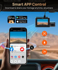 Mobile app interface showing dash cam footage, compatible with Triple Channel 4K Dash Cam For Cars Front Rear Interior 2160P 2160P 1080P With STARVIS 2 IMX678 HDR Night Vision 512GB Card Included WiFi 6 4G LTE ADAS 24H Parking Mode, offering smart app control and sharing features.