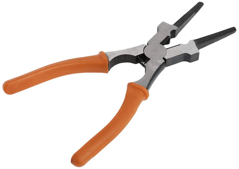 Heavy Duty Mig Welding Pliers With Spring Loaded Handle And Rugged Comfort Grips Built Like A Tank To Crush Rough Job Sites, gray and orange design.