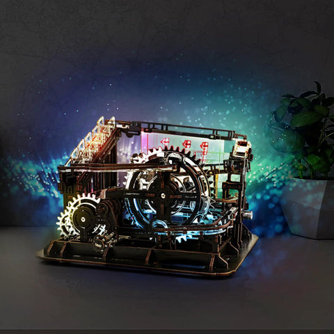 3D Wooden Marble Run Puzzle With LED Lights For Adults Mechanical Wood Model Building Kit with illuminated gears on desk