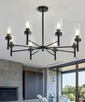Black 8 Light Modern Chandelier With Clear Glass And Metal Frame For Kitchen And Dining Room, Living Room And Bedroom, A Dope Farmhouse Pendant Ceiling Light, Dimmable With E26 Bulbs