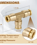 One Quarter Inch Quick Push to Connect Brass Union Tee Fittings DOT Approved for Car Truck Air Brake Systems dimensions