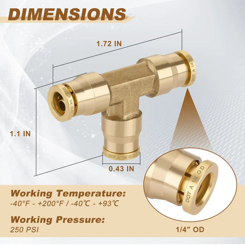 One Quarter Inch Quick Push to Connect Brass Union Tee Fittings DOT Approved for Car Truck Air Brake Systems dimensions