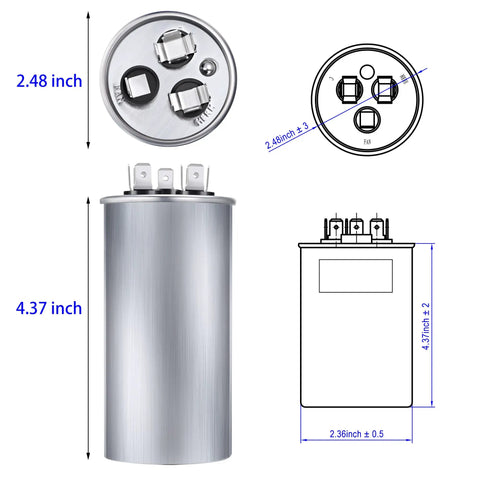 60/5 MFD Run Capacitor For AC Motors And HVAC Systems 370 To 440V CBB65 Direct Replacement with dimensions and terminals.