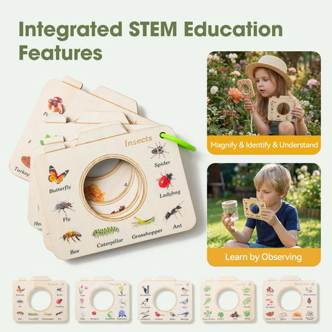 Wooden Bug Catcher Kit For Kids 3 To 8 Ten Piece Durable Outdoor Explorer Set with magnifying cards showing insects.