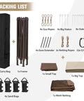 Pop Up Gazebo 11x11 Instant Canopy Tent With Mesh Netting packing list, includes frame, carry bag, stakes, ropes, and mesh netting.