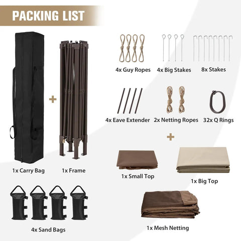Pop Up Gazebo 11x11 Instant Canopy Tent With Mesh Netting packing list, includes frame, carry bag, stakes, ropes, and mesh netting.