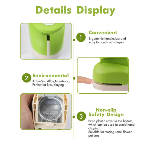 Details display of 1.5 Inch Circle Hole Punch for crafts and scrapbooking with ergonomic handle and safety design features.