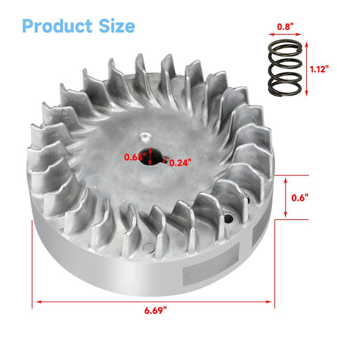 Beefed Up Aluminum Flywheel Upgrade For Predator 212 Non Hemi Engines And Mini Bike Builds, 10K RPM, includes dimensions and spring