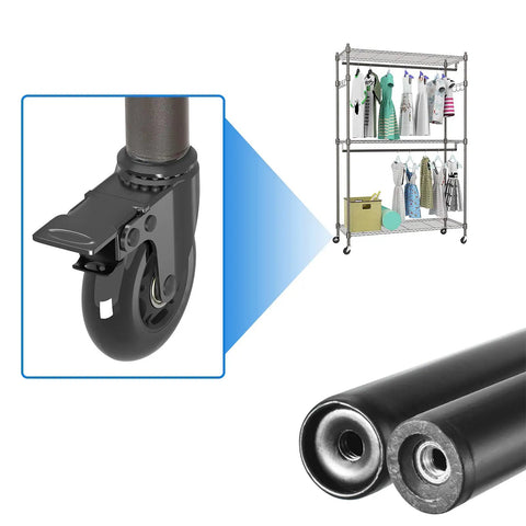 Smooth Rolling 3 Inch Swivel Caster Wheels With 5 16 18 Threaded Stem Set Of 4 Heavy Duty Dual Brake on a mobile clothing rack.