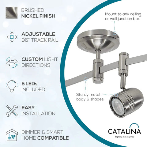 96 Inch Brushed Nickel LED Flex Track Ceiling Light 5 Light Adjustable Track Fixture For Kitchen And Living Room Bulbs Included Modern Transitional Design Overhead Lighting diagram with features