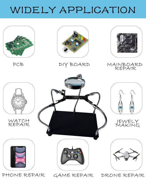 Helping Hands Soldering Station With Magnifying Glass 2.5X, featuring 4 flexible arms, shown with various application icons