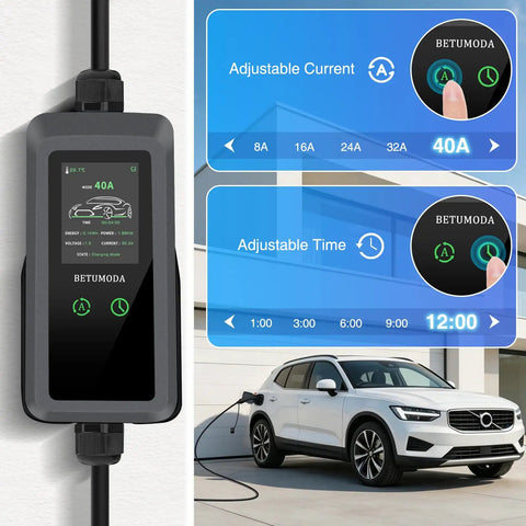 Level 2 Ev Charger With 40 Amp 240V Juice For Quick Hookups And A Heavy Duty 25 Ft Cord showing adjustable settings and electric car charging.