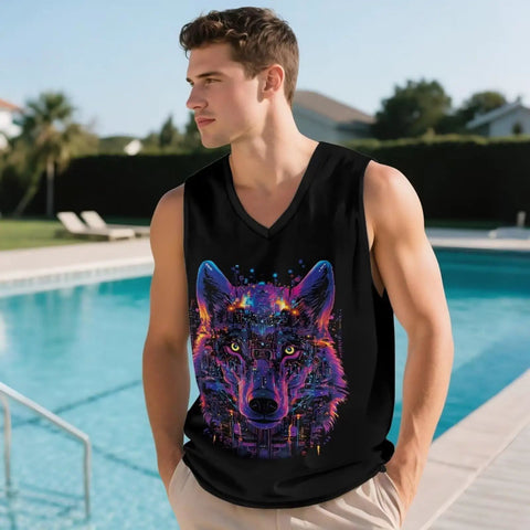 Dope Men's Graphic Tank Top Sleeveless V Neck Shirt Quick Dry Athletic Gym Vest worn by a model poolside, featuring wolf graphic.