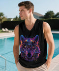 Fly Men's V Neck Tank Top Featuring Dope Mechanical Wolf Print, Quick Dry Workout Shirt And Fitted Muscle Tee Built For Heavy Gym Sessions, Boxing Training Or Easy Summer Hangs In Black Medium by the pool.