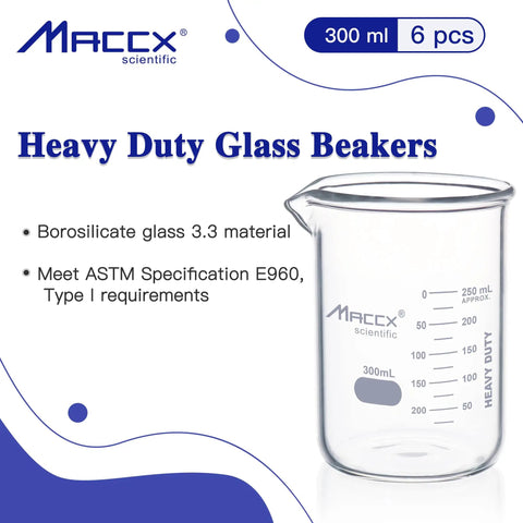 Heavy-Duty 300 Milliliter Glass Beaker Set With 3.3 Borosilicate Griffin Low Form And Printed Graduation Pack Of 6 Durable Lab Beakers