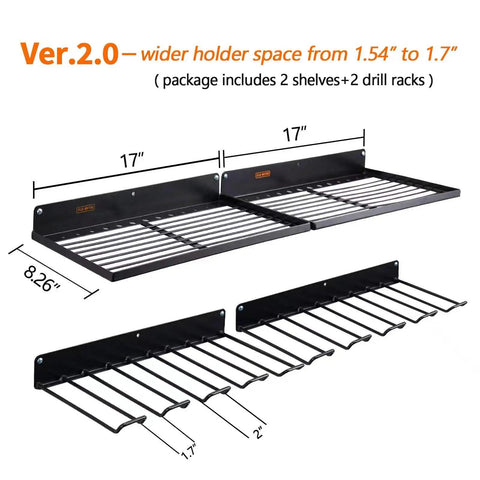 Power Tool Organizer With Charging Station And Drill Holder Wall Mount Heavy Duty Solid Metal Pegboard Garage Shelving In Black Keeps Tools Handy And Tidy 2 Pack 4 Set, front view showing dimensions and installation layout.