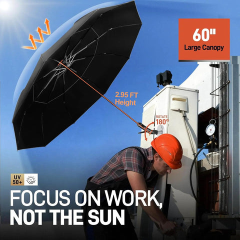 60 Inch Folding Magnetic Work Umbrella With Magnetic Base And Clamp 600Lb Suction 2 In 1 Sun And Rain Protection installed outdoors