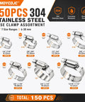 Heavy Duty 304 Stainless Steel Hose Clamps Worm Gear Assortment Kit 150PCS Adjustable 1/4 To 1-1/2 Inch, 7 sizes