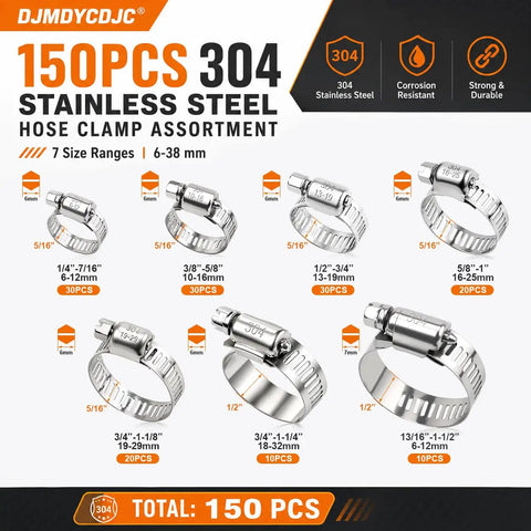 Heavy Duty 304 Stainless Steel Hose Clamps Worm Gear Assortment Kit 150PCS Adjustable 1/4 To 1-1/2 Inch, 7 sizes