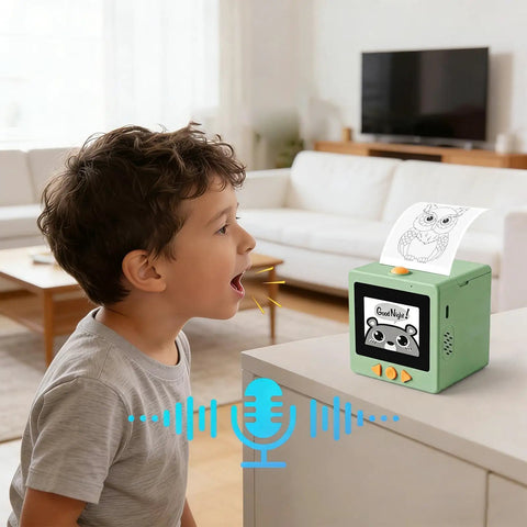 Child animatedly speaking into Portable AI Voice Sticker Printer With Bright HD Display, Ink Free Thermal Art Maker For Kids, Speak To Draw Rad Graphics, Grab And Go Awesome Gadgets, Zero Mess Quick Print Stationery For School.