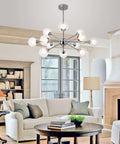 Interior with 12 Lights Sputnik Chandelier Brushed Nickel With Glass Ball Orbs Modern Ceiling Pendant Lighting over a living area