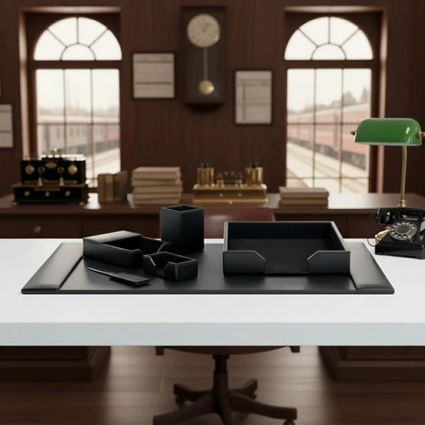 Bonded Leather Desk Set Six Piece With Sleek Leather Desk Pad And Essential Desk Organizer Accessories In Black For A Boss Level Office Look Plus A Clean Organized Workspace You Can Proudly Show Off on white desk in stylish office.