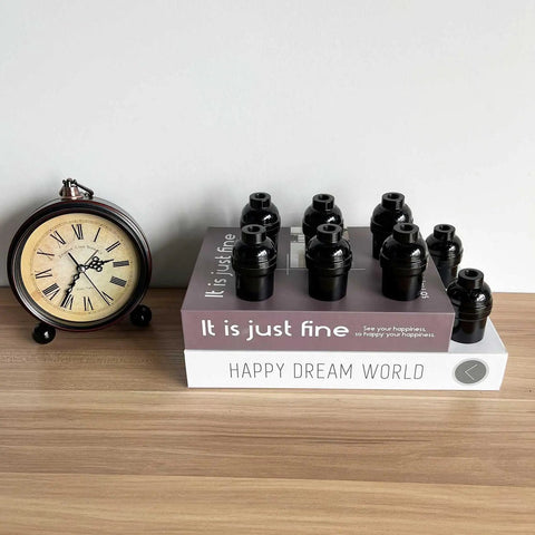 E26 E27 Light Socket Set, Retro Black Edison Pendant Holders on books beside a clock, 250W Max, Fire Safe, UL Listed