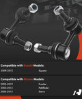 Two Pack Front Sway Bar End Links For Nissan Frontier 2005-2019, Pathfinder 2005-2012, Xterra 2005-2015, Suzuki Equator 2009-2012 Stabilizer Bar Link Replacement shown with compatibility chart for Nissan and Suzuki models.