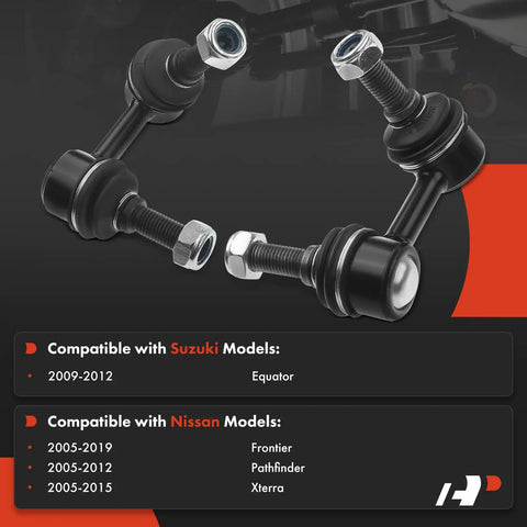 Two Pack Front Sway Bar End Links For Nissan Frontier 2005-2019, Pathfinder 2005-2012, Xterra 2005-2015, Suzuki Equator 2009-2012 Stabilizer Bar Link Replacement shown with compatibility chart for Nissan and Suzuki models.
