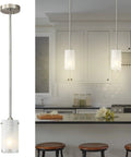 One Light Mini Pendant With White Frosted Shade, Brushed Nickel Finish, sleek modern chandelier for kitchen island, 50-inch cord