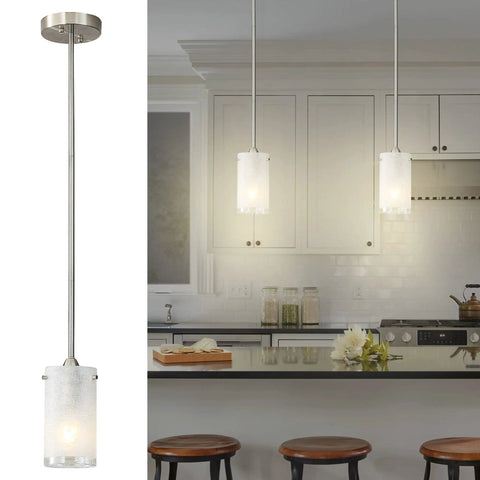 One Light Mini Pendant With White Frosted Shade, Brushed Nickel Finish, sleek modern chandelier for kitchen island, 50-inch cord