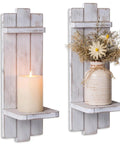 Rustic Whitewashed Wood Candle Sconces Wall Decor Set Of Two, 15x5 inches, one with candle and one with decorative vase.