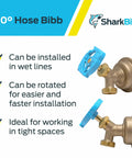 90 Degree Hose Bibb With Push To Connect Inlet Brass Plumbing Fitting For PEX Copper CPVC PERT HDPE Half Inch To Three Quarter Inch MHT Multi Turn Shutoff Valve For Tight Spaces And Outdoor Faucets, showing hose bibb features and uses.