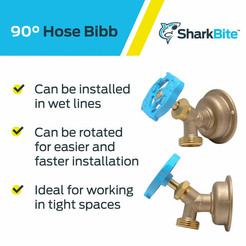 90 Degree Hose Bibb With Push To Connect Inlet Brass Plumbing Fitting For PEX Copper CPVC PERT HDPE Half Inch To Three Quarter Inch MHT Multi Turn Shutoff Valve For Tight Spaces And Outdoor Faucets, showing hose bibb features and uses.