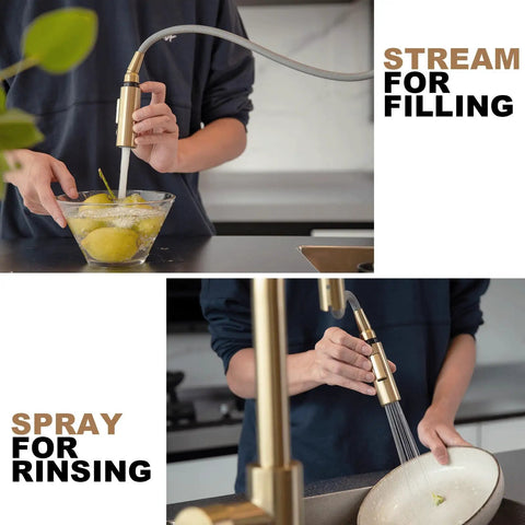 Modern Champagne Gold Kitchen Faucet With Pull Down Sprayer And Dual Function Head, single hole brass fixture used for filling and rinsing.