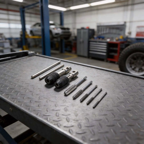 Top Notch 7-Piece Tap And Die Set M3 To M6 With Adjustable T-Handle Ratchet Wrench Kit For Metalworking Pros Who Need Smooth Threading In Tight Spots Without Breaking A Sweat Or Struggling With Chip Clogging, steel tap and die kit on workbench