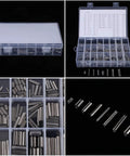 Roll Pin Set 280 Piece Slotted Spring Dowel Assortment In Box Steel Pins M1.5 M2 M2.5 M3 M4 M5 M6 M8 visible in plastic case