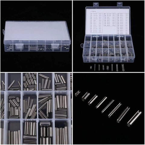 Roll Pin Set 280 Piece Slotted Spring Dowel Assortment In Box Steel Pins M1.5 M2 M2.5 M3 M4 M5 M6 M8 visible in plastic case