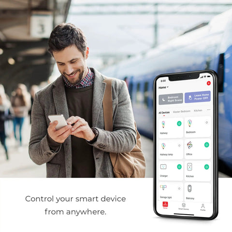 Man using smartphone app to control Smart WiFi LED Bulb 7W 60W Equivalent Spiral Filament Multicolor RGB And Tunable White 2000K To 5000K.