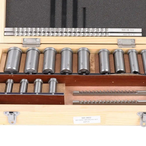 Keyway Broach Kit 22 Pc Set With 4 Broaches, 5 Shims And 13 Bushings, metric tools in high speed steel, open wooden box view