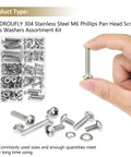 Stainless Steel M6 Pan Head Machine Screw Kit With Nuts And Washers, 102-Piece Assortment, including multiple screw sizes and washers.