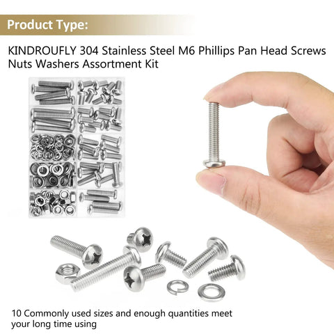 Stainless Steel M6 Pan Head Machine Screw Kit With Nuts And Washers, 102-Piece Assortment, including multiple screw sizes and washers.