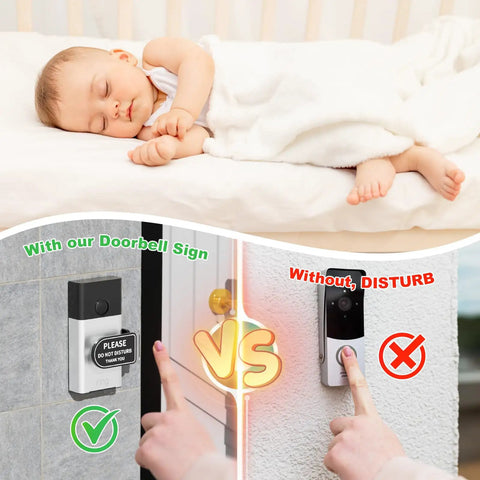 Sleeping baby with vs image showing Acrylic Do Not Disturb Doorbell Sign No Soliciting for front door, easy install it.