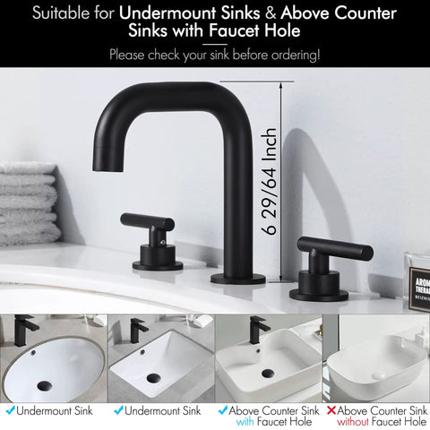Matte Black Widespread Bathroom Faucet, 8 Inch Three Hole Modern Vanity Sink With Two Handles, Solid Brass Construction, Includes Supply Hoses, Drain Not Included, cUPC NSF Certified installed on countertop