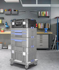 18 Inch Flat Top Tool Box With Stackable Modular System For Garage Storage And Home Repair in a garage setting