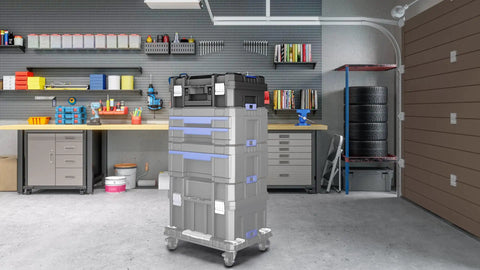18 Inch Flat Top Tool Box With Stackable Modular System For Garage Storage And Home Repair in a garage setting